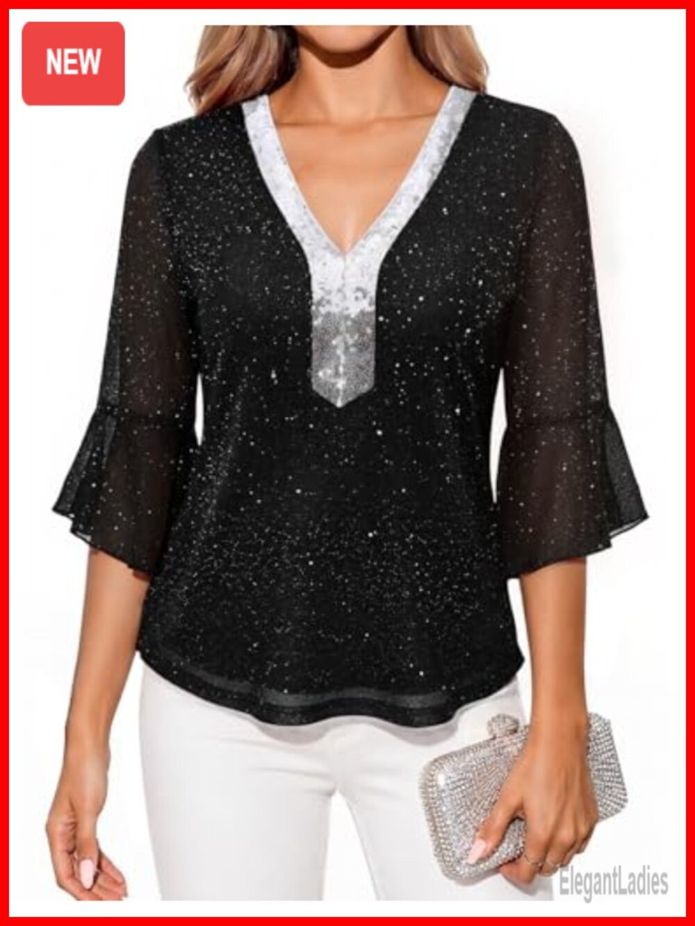 Women's Sequin V-Neck Ruffle Sleeve Tunic Top